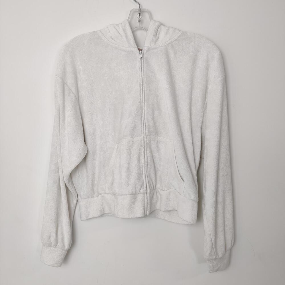 H&M White Terry Cloth Zip Hoodie Size Medium Loungewear Casual Comfy Grunge
